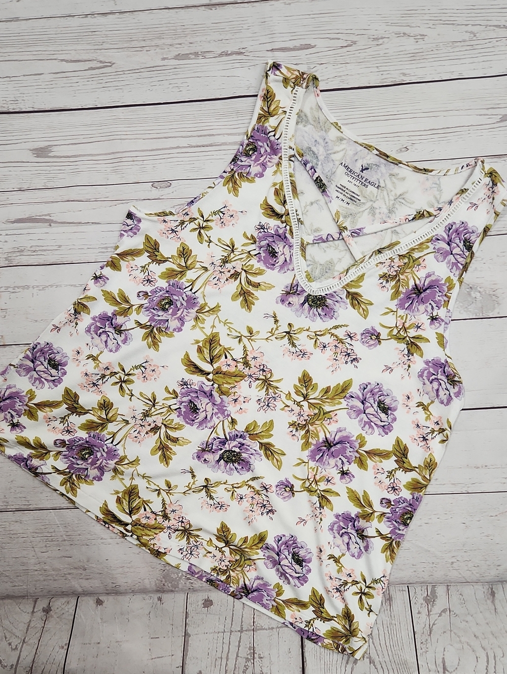 American Eagle Outfitters White Tank Top with Lavender Floral Print
